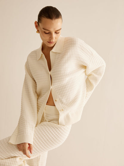Ensemble Deux Pièces en Maille Gaufrée avec Chemise Boutonnée pour Femme | Idéal pour les Journées Décontractées