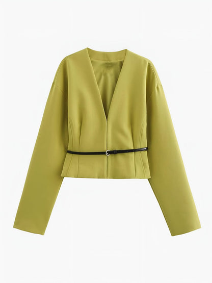 Blazer Court À Col En V Avec Ceinture Fine Pour Femme | Idéal Pour Le Travail Et Le Quotidien