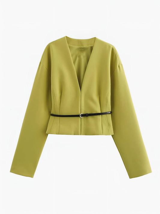 Blazer Court À Col En V Avec Ceinture Fine Pour Femme | Idéal Pour Le Travail Et Le Quotidien