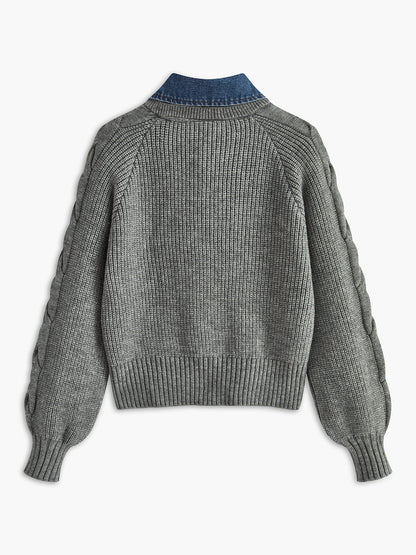 Pull À Col Chemise Intégré En Denim Avec Manches Bouffantes Pour Femmes | Idéal Pour Tenues Quotidiennes