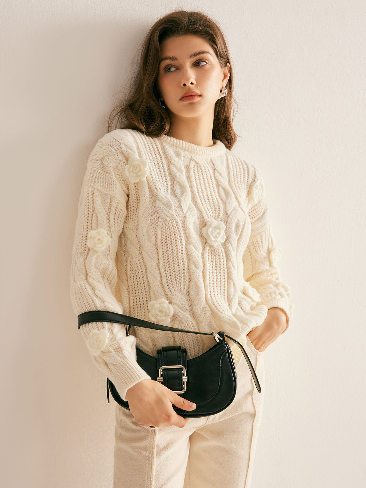Pull À Col Rond Avec Maille Torsadée Et Fleurs 3D Pour Femmes | Idéal Pour Tenues Quotidiennes