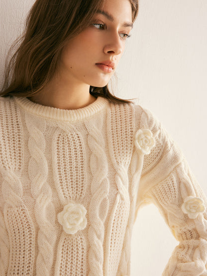 Pull À Col Rond Avec Maille Torsadée Et Fleurs 3D Pour Femmes | Idéal Pour Tenues Quotidiennes