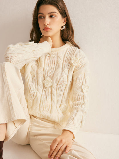 Pull À Col Rond Avec Maille Torsadée Et Fleurs 3D Pour Femmes | Idéal Pour Tenues Quotidiennes