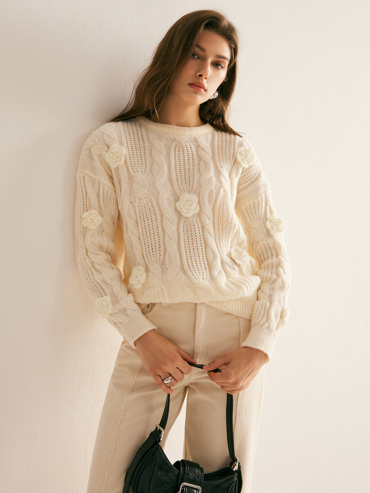 Pull À Col Rond Avec Maille Torsadée Et Fleurs 3D Pour Femmes | Idéal Pour Tenues Quotidiennes
