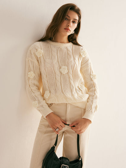 Pull À Col Rond Avec Maille Torsadée Et Fleurs 3D Pour Femmes | Idéal Pour Tenues Quotidiennes