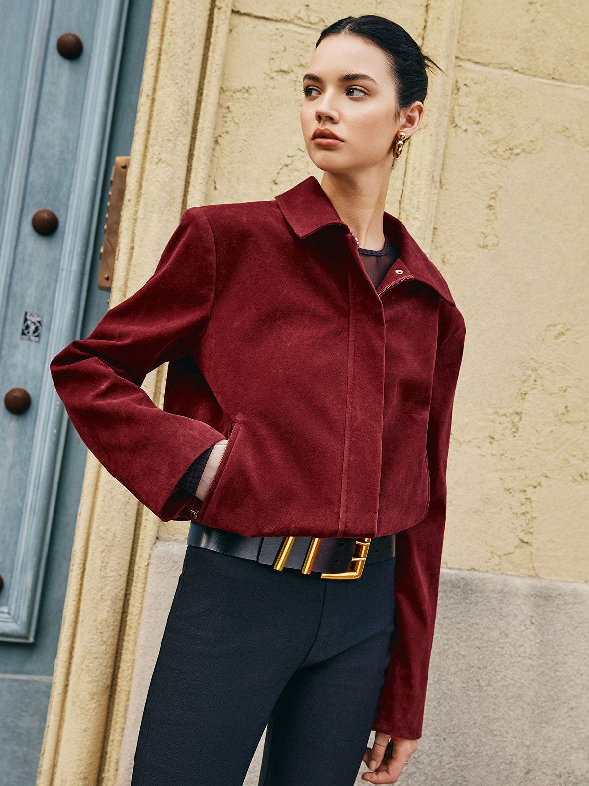 Veste Courte À Effet Velours Avec Fermeture Zippée Pour Femme | Idéale Pour La Mi-Saison Et Les Tenues Urbaines