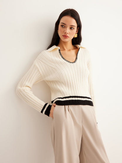 Pull Côtelé Avec Col V Et Finitions Contrastées Pour Femme | Idéal Pour Usage Quotidien