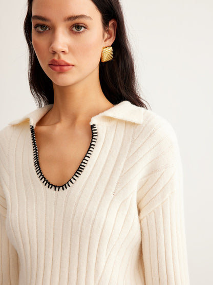 Pull Côtelé Avec Col V Et Finitions Contrastées Pour Femme | Idéal Pour Usage Quotidien