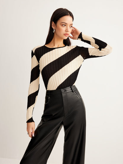 Haut En Maille Côtelée À Motif Rayé Diagonal Pour Femme | Idéal Pour Le Quotidien Et Les Occasions