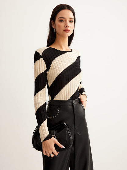 Haut En Maille Côtelée À Motif Rayé Diagonal Pour Femme | Idéal Pour Le Quotidien Et Les Occasions