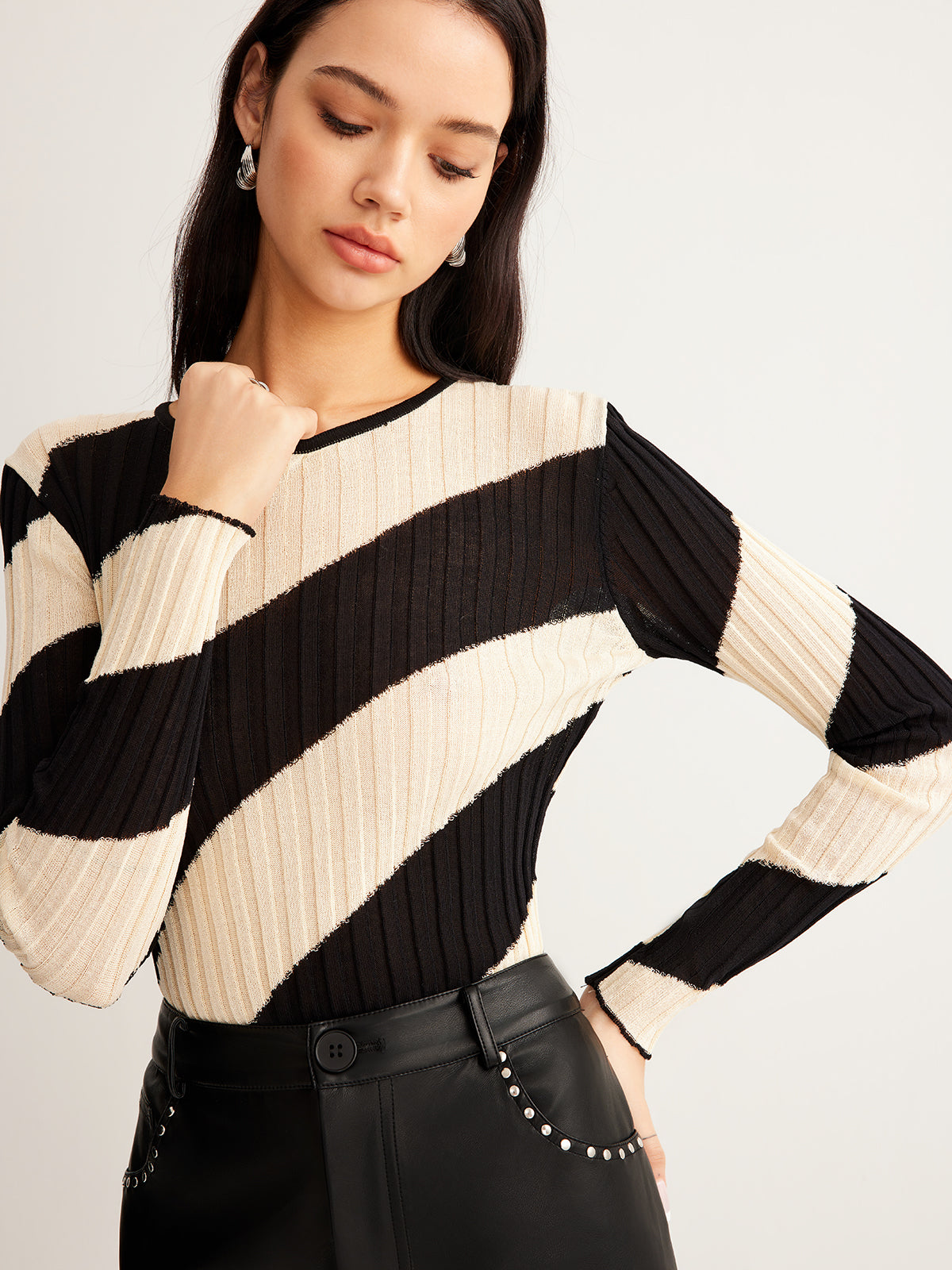 Haut En Maille Côtelée À Motif Rayé Diagonal Pour Femme | Idéal Pour Le Quotidien Et Les Occasions
