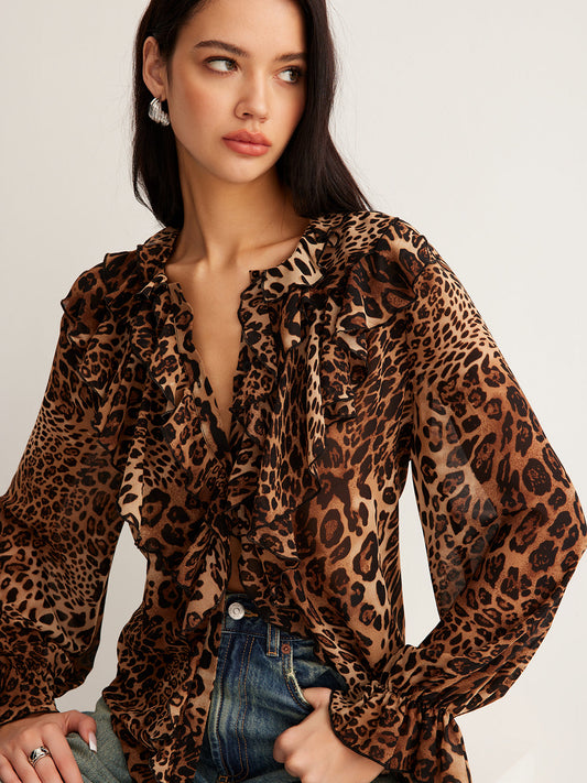 Blouse À Imprimé Léopard Avec Col À Volants Pour Femme | Idéal Pour Les Journées D’Été Et Les Activités Quotidiennes