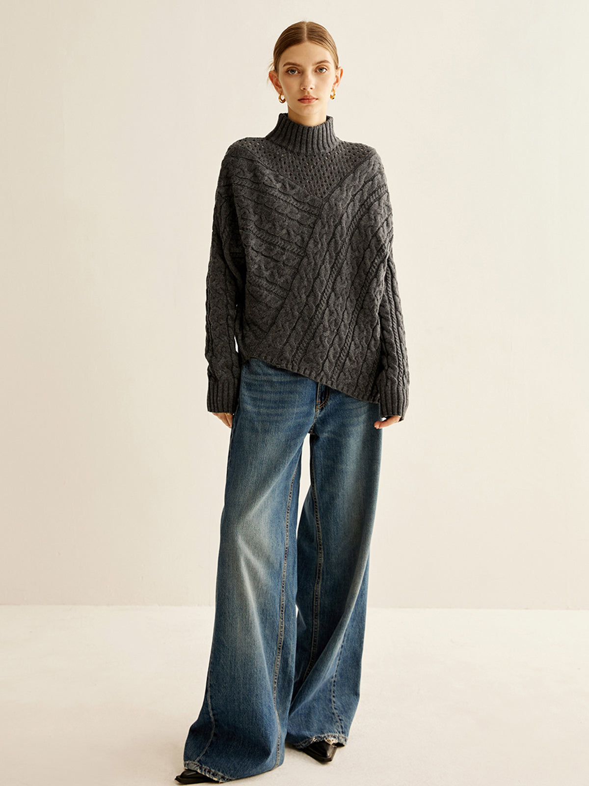 Pull Oversize À Maille Torsadée avec Col Montant pour Femmes | Idéal pour L’Hiver
