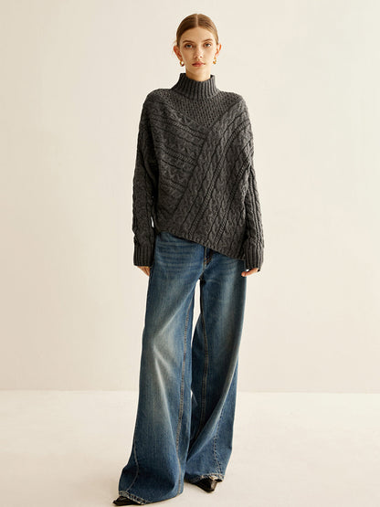 Pull Oversize À Maille Torsadée avec Col Montant pour Femmes | Idéal pour L’Hiver