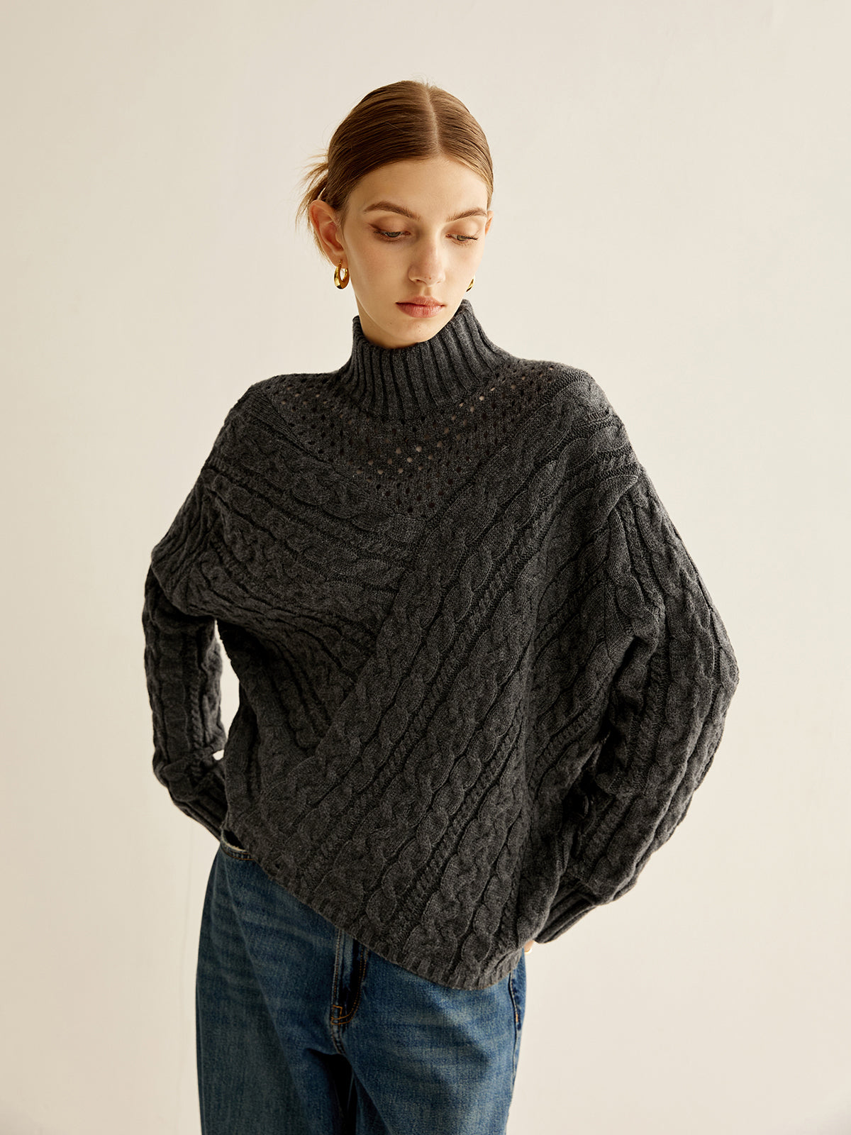 Pull Oversize À Maille Torsadée avec Col Montant pour Femmes | Idéal pour L’Hiver