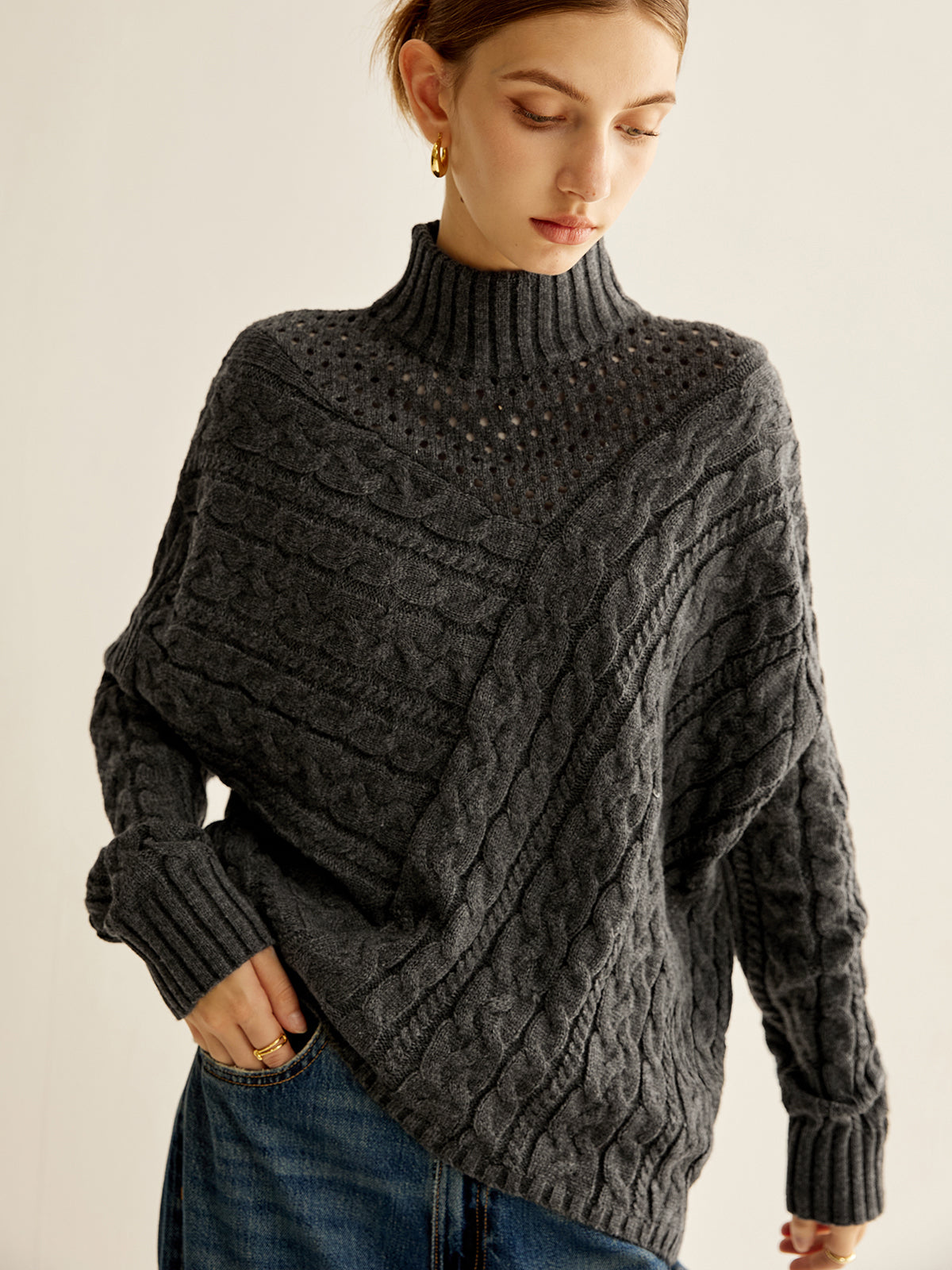 Pull Oversize À Maille Torsadée avec Col Montant pour Femmes | Idéal pour L’Hiver