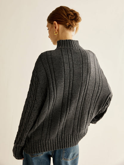 Pull Oversize À Maille Torsadée avec Col Montant pour Femmes | Idéal pour L’Hiver
