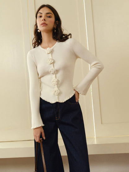 Cardigan Ajusté à Boutons Fleurs en Relief pour Femme | Idéal pour le Printemps et l’Automne