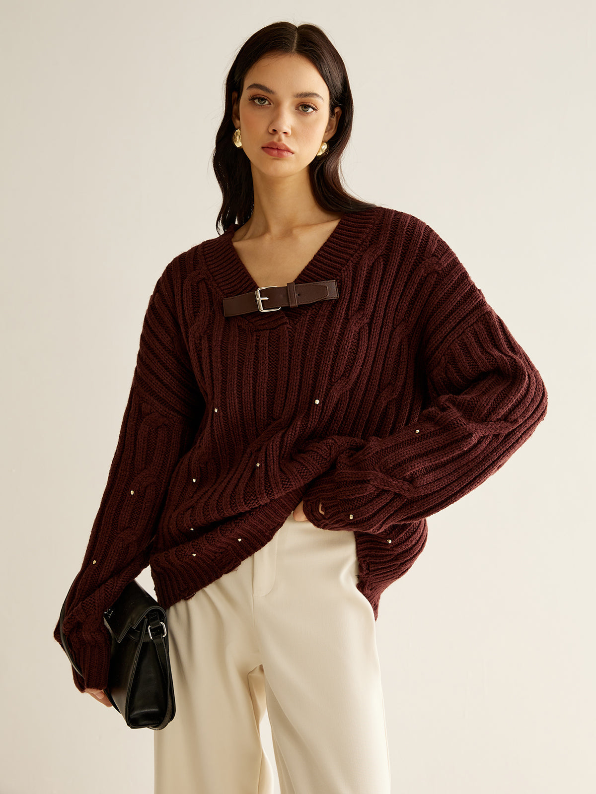 Pull Oversize À Maille Côtelée avec Col En V pour Femmes | Idéal pour L’Automne Et L’Hiver
