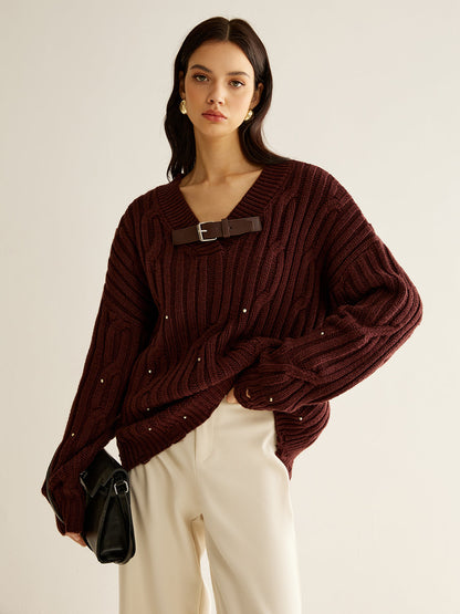 Pull Oversize À Maille Côtelée avec Col En V pour Femmes | Idéal pour L’Automne Et L’Hiver