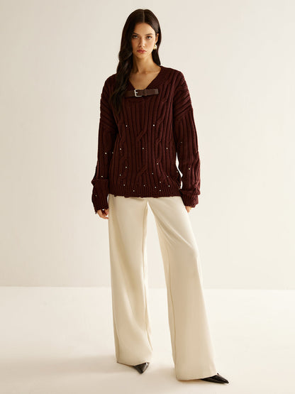 Pull Oversize À Maille Côtelée avec Col En V pour Femmes | Idéal pour L’Automne Et L’Hiver
