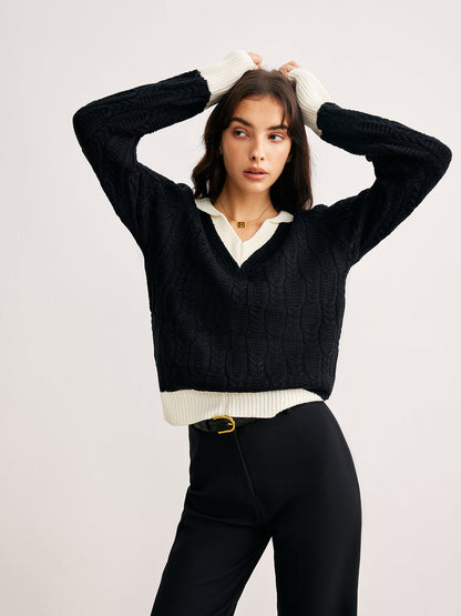 Pull Torsadé Avec Col V Et Bords Contrastés Pour Femme | Idéal Pour Usage Quotidien