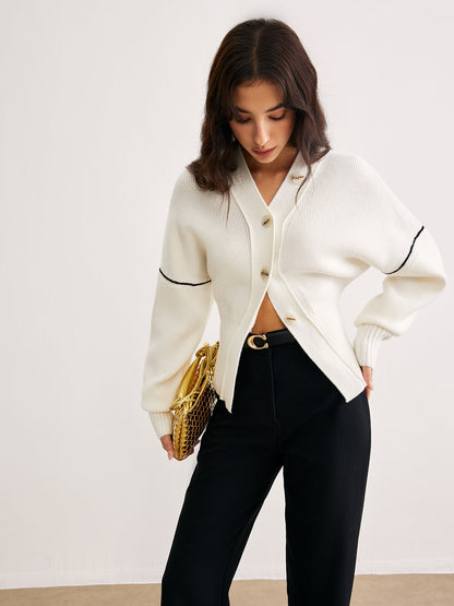 Cardigan Ample à Col V avec Détail Contrastant pour Femme | Idéal pour la Mi-Saison