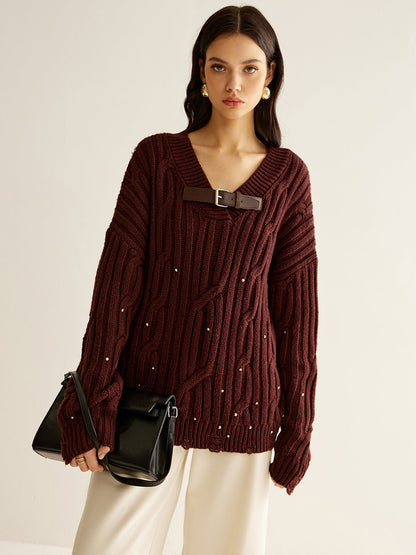 Pull Oversize À Maille Côtelée avec Col En V pour Femmes | Idéal pour L’Automne Et L’Hiver