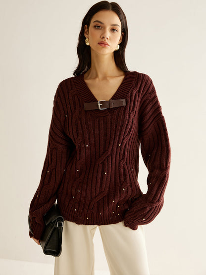Pull Oversize À Maille Côtelée avec Col En V pour Femmes | Idéal pour L’Automne Et L’Hiver