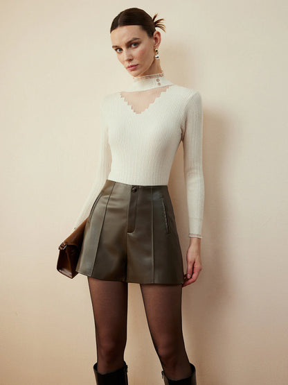 Top à Col Haut et Tulle | Crème | Élégant et Raffiné
