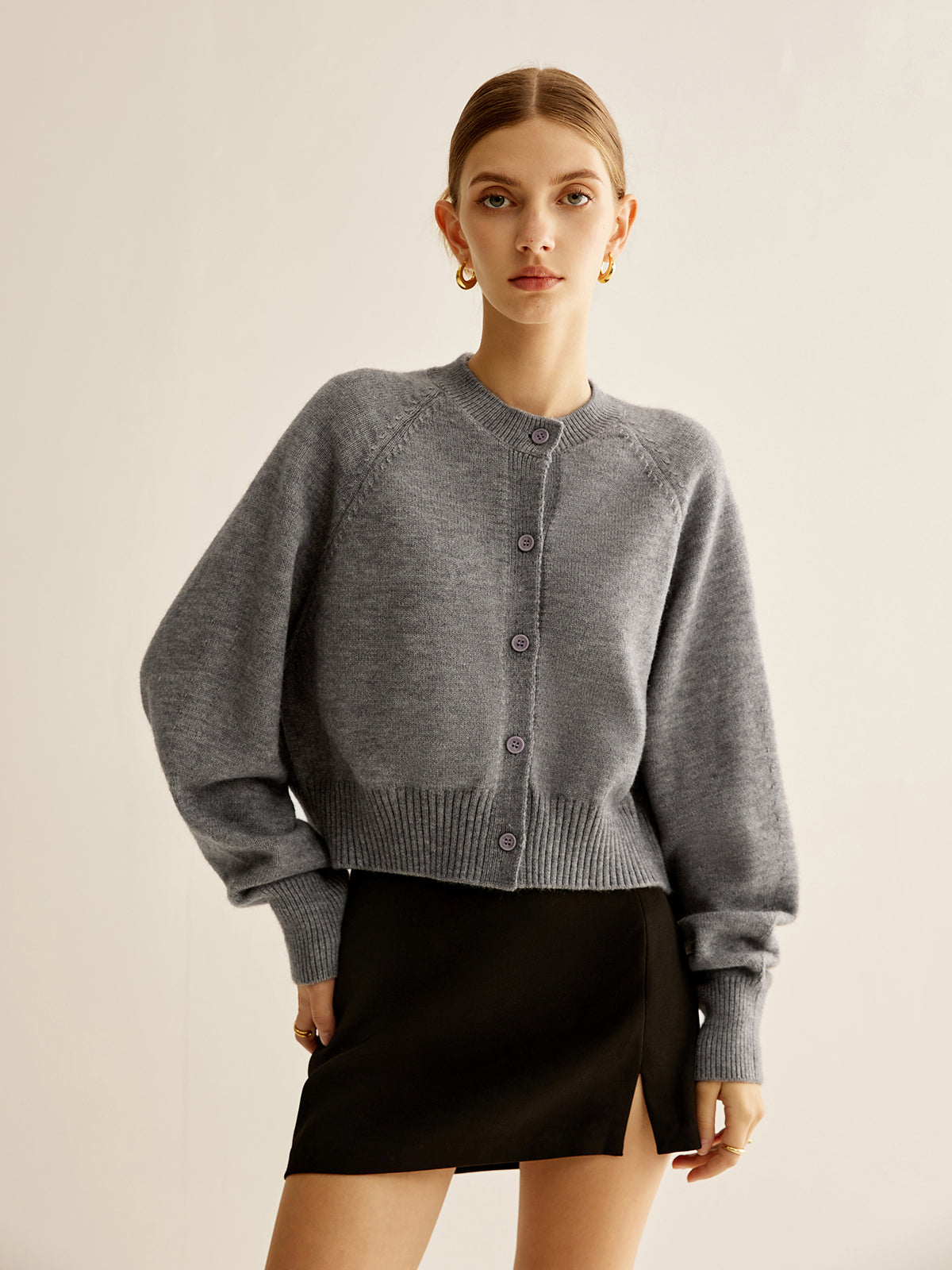 Cardigan Court à Manches Raglan avec Col Rond pour Femme | Idéal pour le Quotidien et le Bureau