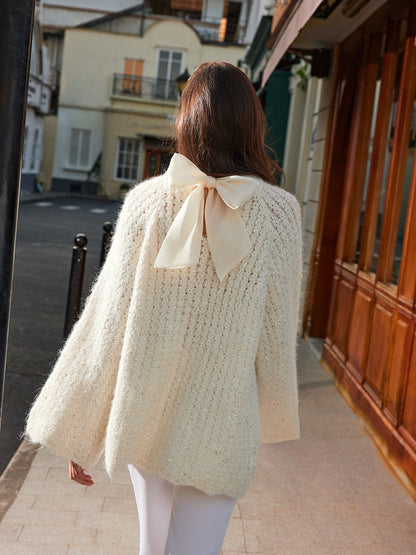Pull Long À Maille Ajourée avec Nœud Lavallière pour Femmes | Idéal pour L’Hiver Et Les Fêtes