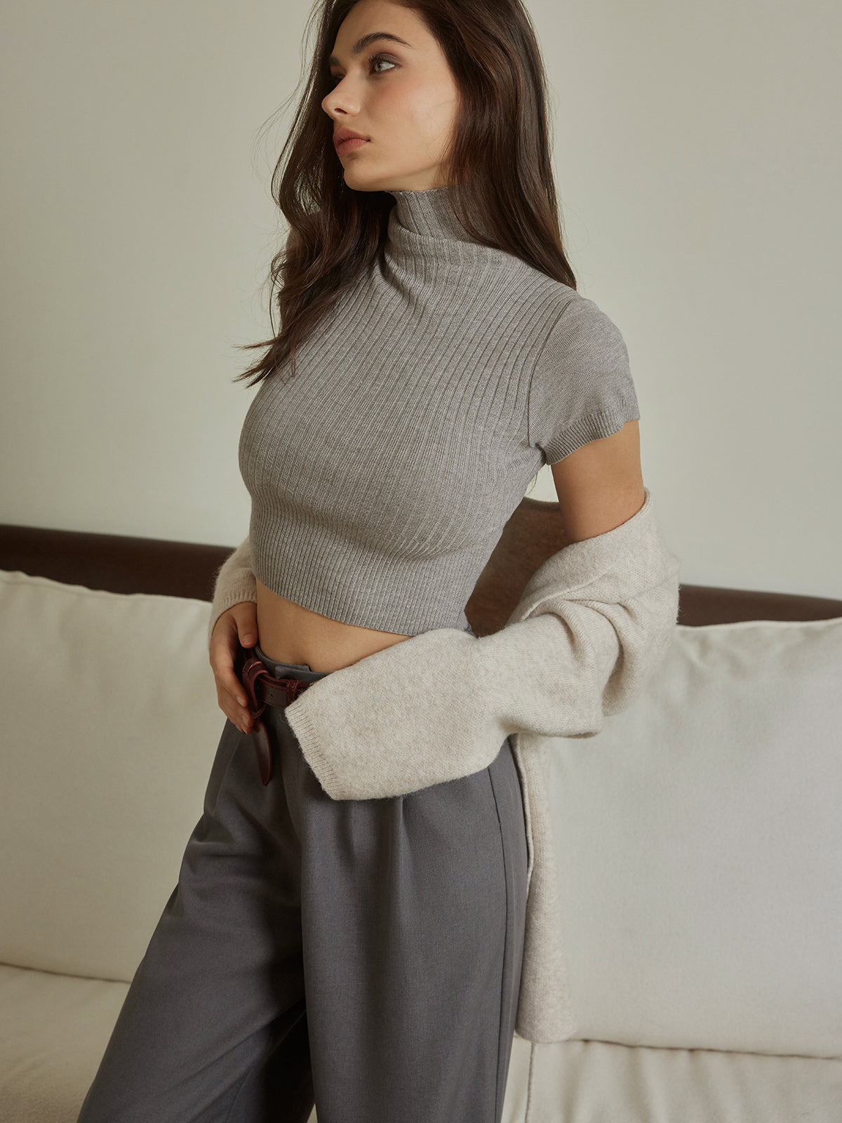 Crop Top Avec Col Montant Et Maille Côtelée Pour Femme | Idéal Pour Superposition Et Usage Quotidien