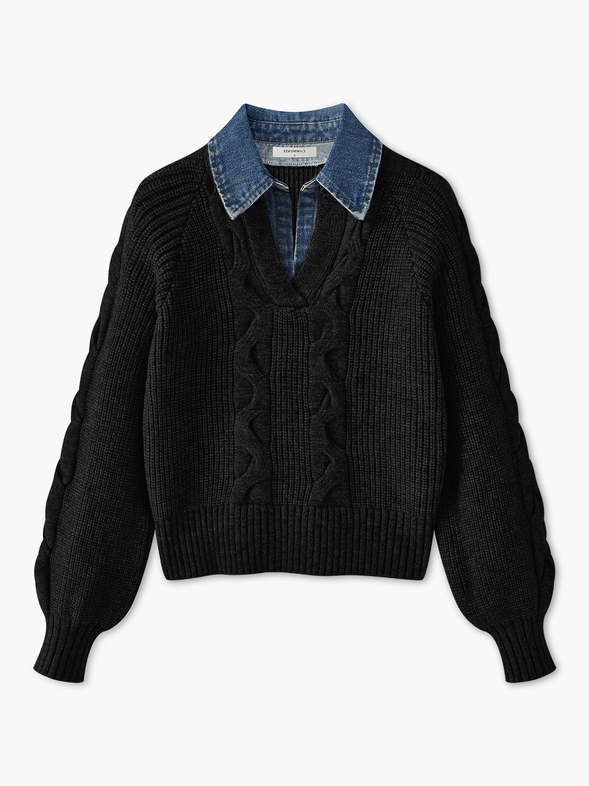 Pull À Col Chemise Intégré En Denim Avec Manches Bouffantes Pour Femmes | Idéal Pour Tenues Quotidiennes