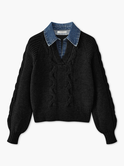 Pull À Col Chemise Intégré En Denim Avec Manches Bouffantes Pour Femmes | Idéal Pour Tenues Quotidiennes