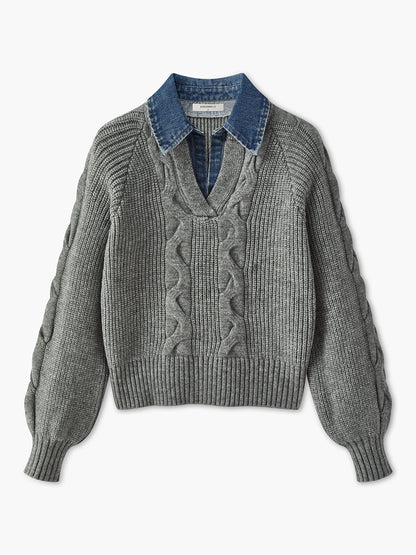 Pull À Col Chemise Intégré En Denim Avec Manches Bouffantes Pour Femmes | Idéal Pour Tenues Quotidiennes