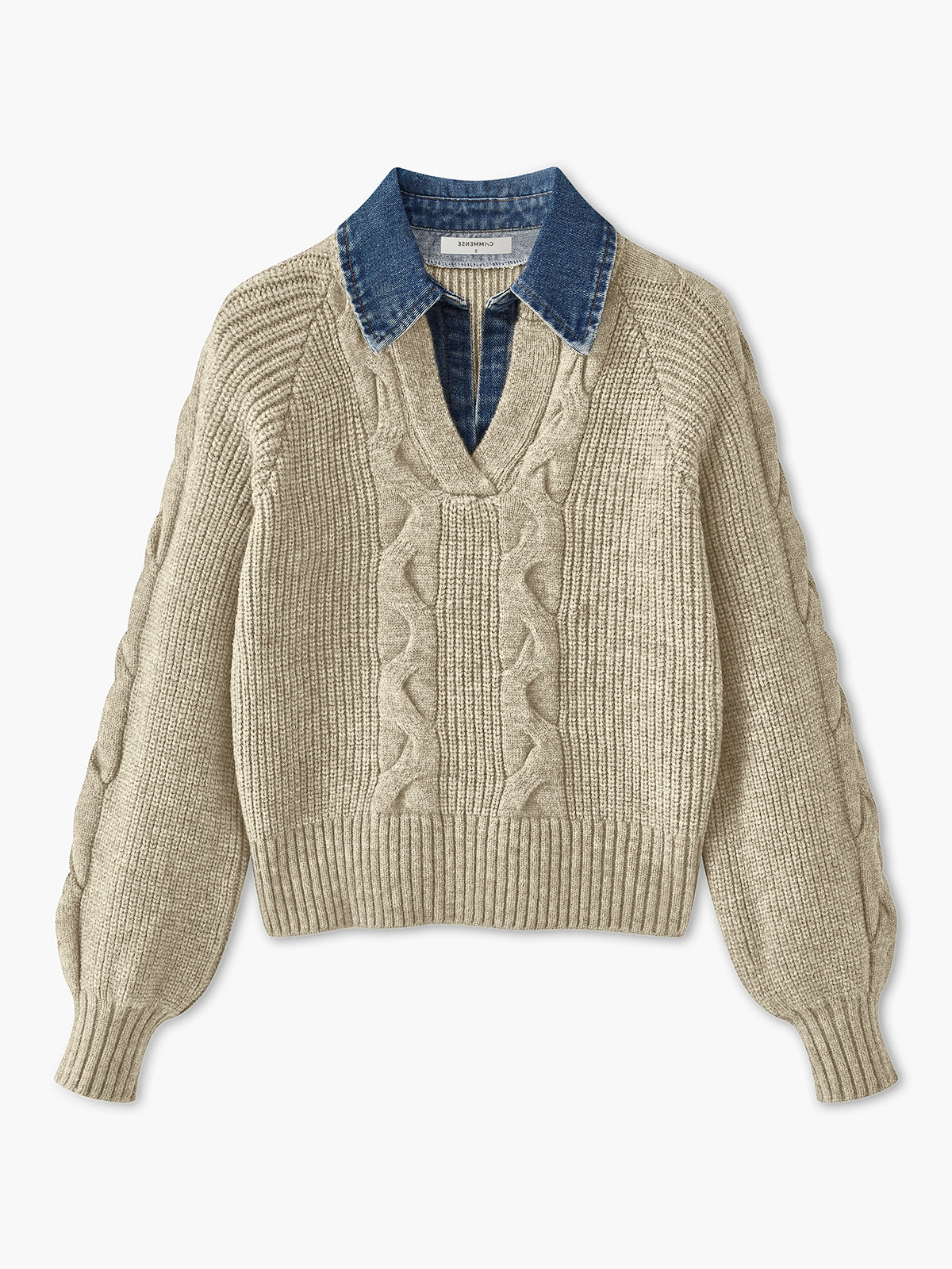 Pull À Col Chemise Intégré En Denim Avec Manches Bouffantes Pour Femmes | Idéal Pour Tenues Quotidiennes
