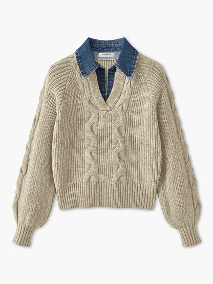 Pull À Col Chemise Intégré En Denim Avec Manches Bouffantes Pour Femmes | Idéal Pour Tenues Quotidiennes