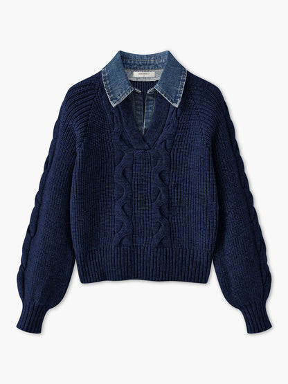 Pull À Col Chemise Intégré En Denim Avec Manches Bouffantes Pour Femmes | Idéal Pour Tenues Quotidiennes