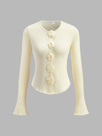 Cardigan Ajusté à Boutons Fleurs en Relief pour Femme | Idéal pour le Printemps et l’Automne