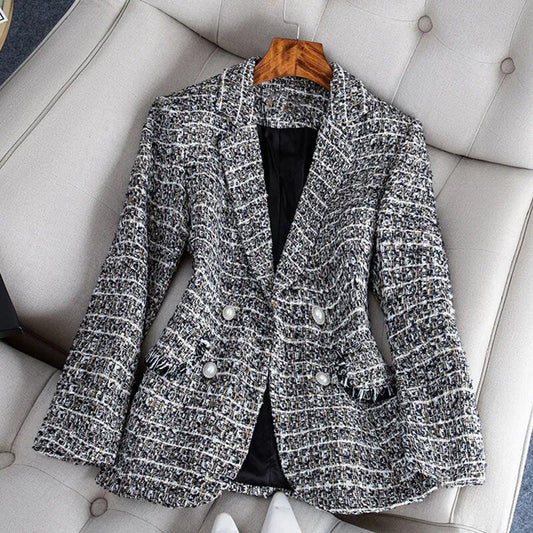 Blazer Long Cintré à Motif Carreaux pour Femme | Idéal pour le Travail et les Sorties