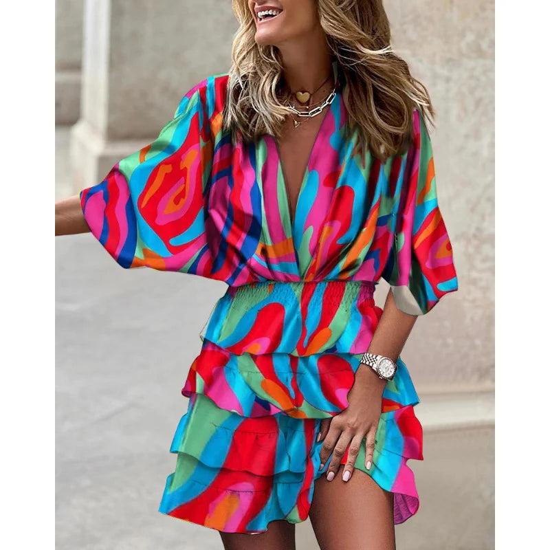 Robe À Manches Courtes Avec Col En V Et Taille Élastique Pour Femme | Idéale Pour L'été