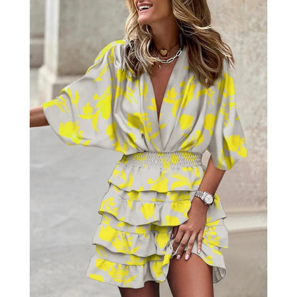 Robe À Manches Courtes Avec Col En V Et Taille Élastique Pour Femme | Idéale Pour L'été