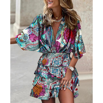 Robe À Manches Courtes Avec Col En V Et Taille Élastique Pour Femme | Idéale Pour L'été