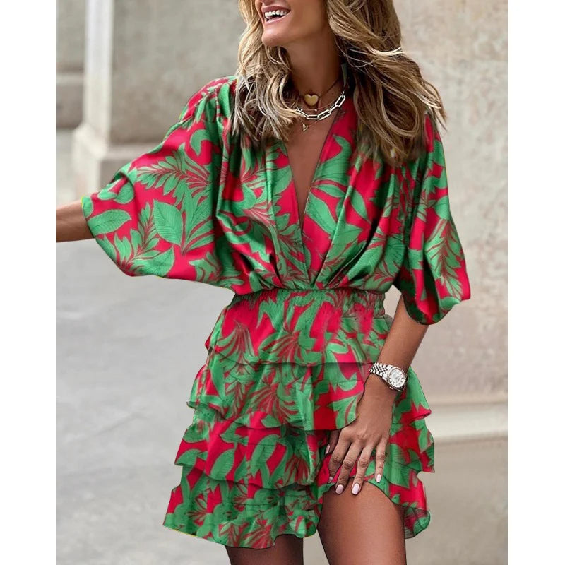 Robe À Manches Courtes Avec Col En V Et Taille Élastique Pour Femme | Idéale Pour L'été