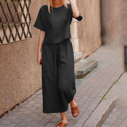 Ensemble Deux Pièces avec Haut à Manches Courtes et Pantalon Fluide pour Femme | Idéal pour l’Été