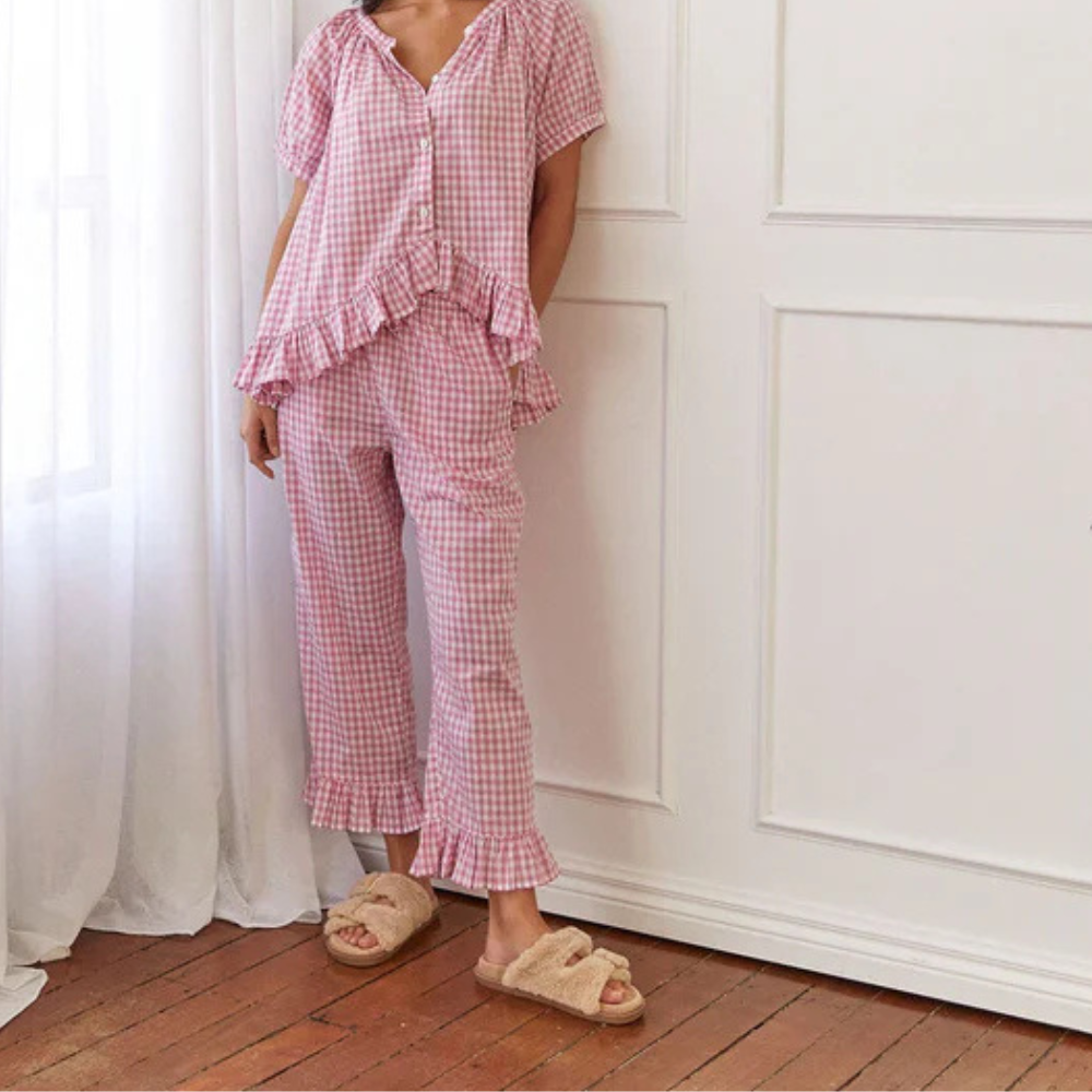 Ensemble De Détente 2 Pièces À Carreaux avec Volants pour Femme | Idéal pour La Maison Et Le Sommeil