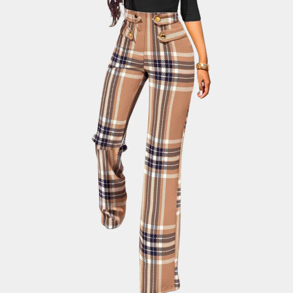 Pantalon Évasé À Carreaux Avec Boutons Taille Haute Pour Femme | Idéal Pour Bureau Et Sorties Décontractées