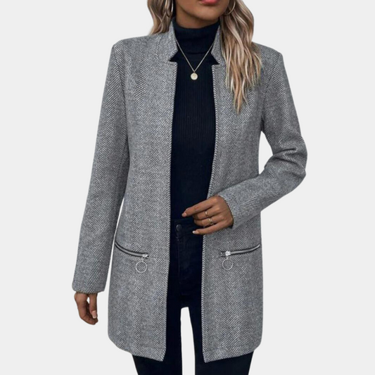 Blazer Long Gris À Motif Chevron Avec Poches Zippées Pour Femmes | Idéal Pour Le Travail Et Les Tenues Quotidiennes