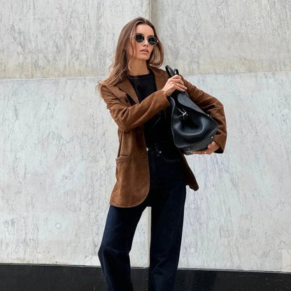 Blazer Femme En Suède Avec Col Pour Tenues Quotidiennes | Idéal Pour Bureau Et Sorties